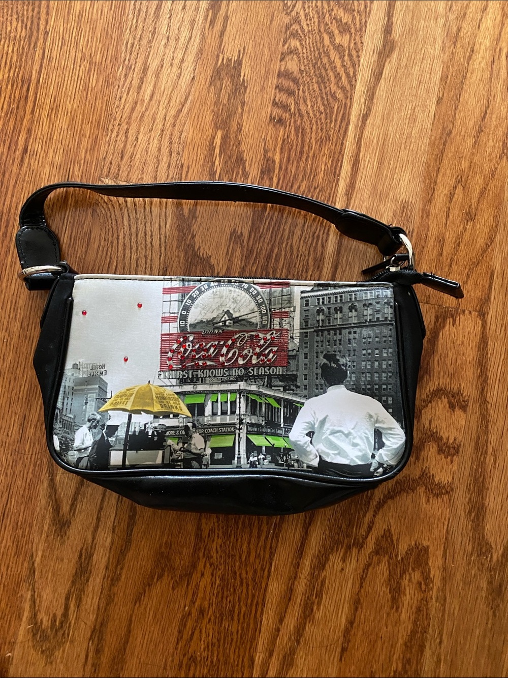 Black Graphic Coca Cola Cityscape Hand Bag with Yellow Accent